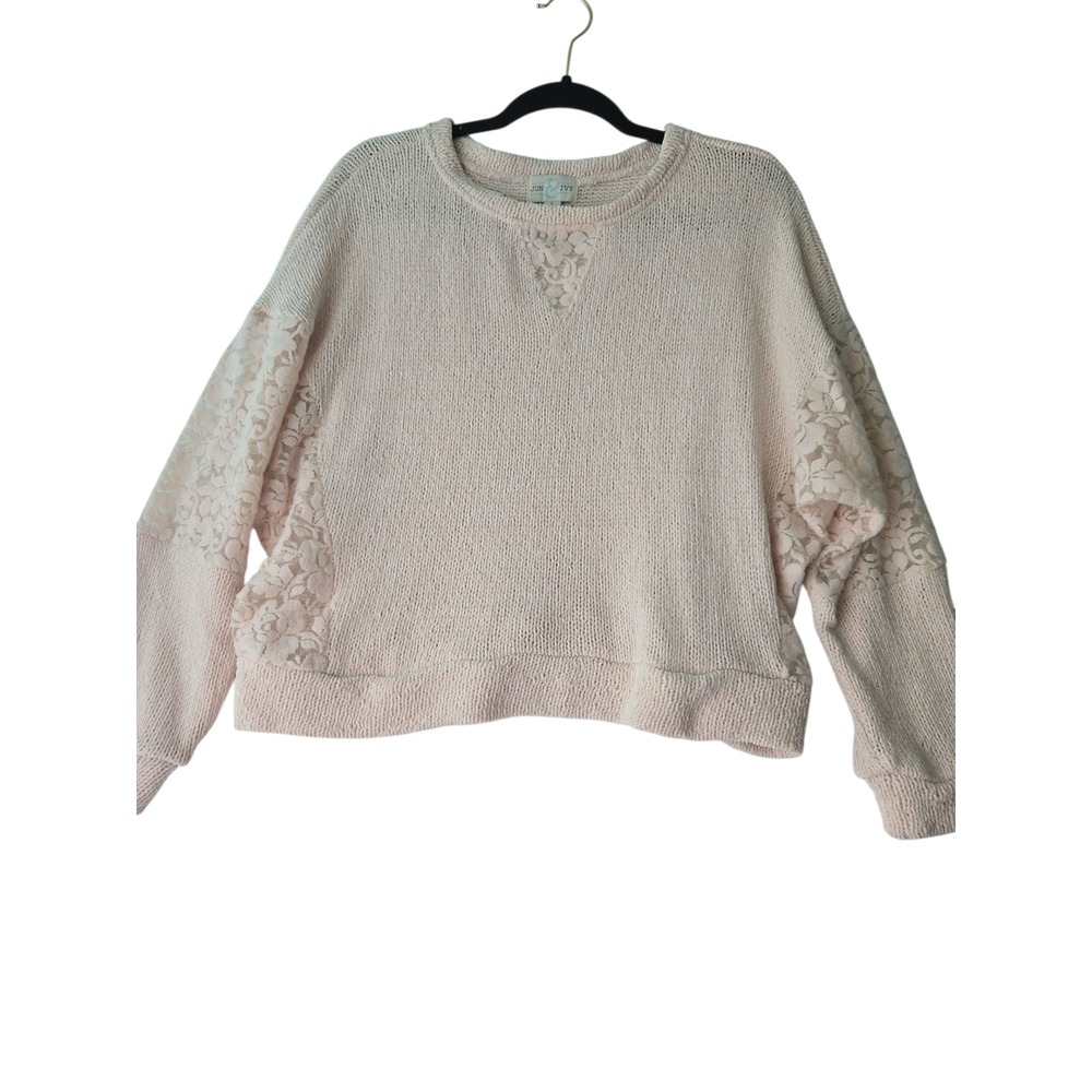Jun & Ivy Women's Knit Sweater Lace Sleeve Detail Crewneck‎ Pullover Top Blush